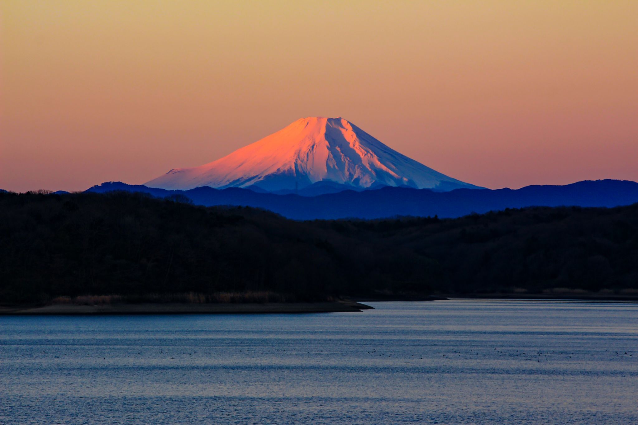 Mount Fuji glowing at sunset above a lake